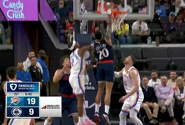 v体育-霍姆格伦三分投进已经拿到10分，雷霆开局19-9打停快船